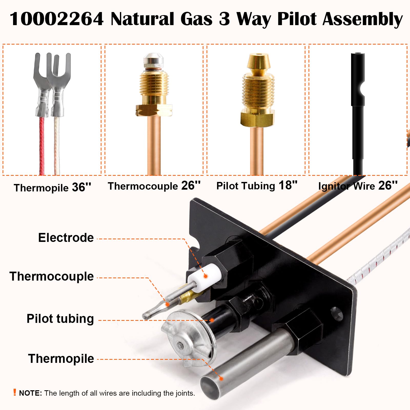 Hiorucet 10002264 Natural Gas 3 Way Pilot Assembly Kits for HHT, Majestic, Monessen, Temco, and Vermont Castings Fireplaces, SRV10002264 Pilot Assembly Replacement Parts with Thermocouple, Thermopile.