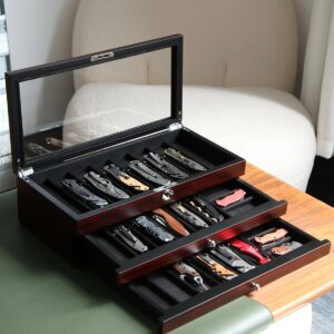 Bonaking Knife Display Case, 22-26 Slot Storage Box, Ebony Veneer, 3-Tier, Lockable, Showcase & Organizer for Pocket Knives, Men Gift, 15.9x7.8x4.5 inches