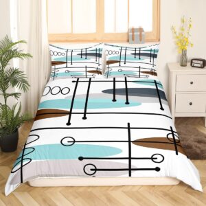 Erosebridal Mid Century Bedding Sets Queen Modern Minimalist Comforter Cover, Hippie Old Fashion Bed Set Abstract Artwork Duvet Cover, Aesthetic Lines Circles Quilt Cover Teal White Grey