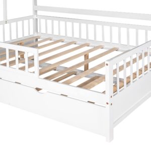 Bellemave Wooden Full Size House Bed with Trundle,Kids Full Playhouse Platform Bed Frame with Storage Shelves,Montessori Be for Kids Teens Girls & Boys (White)