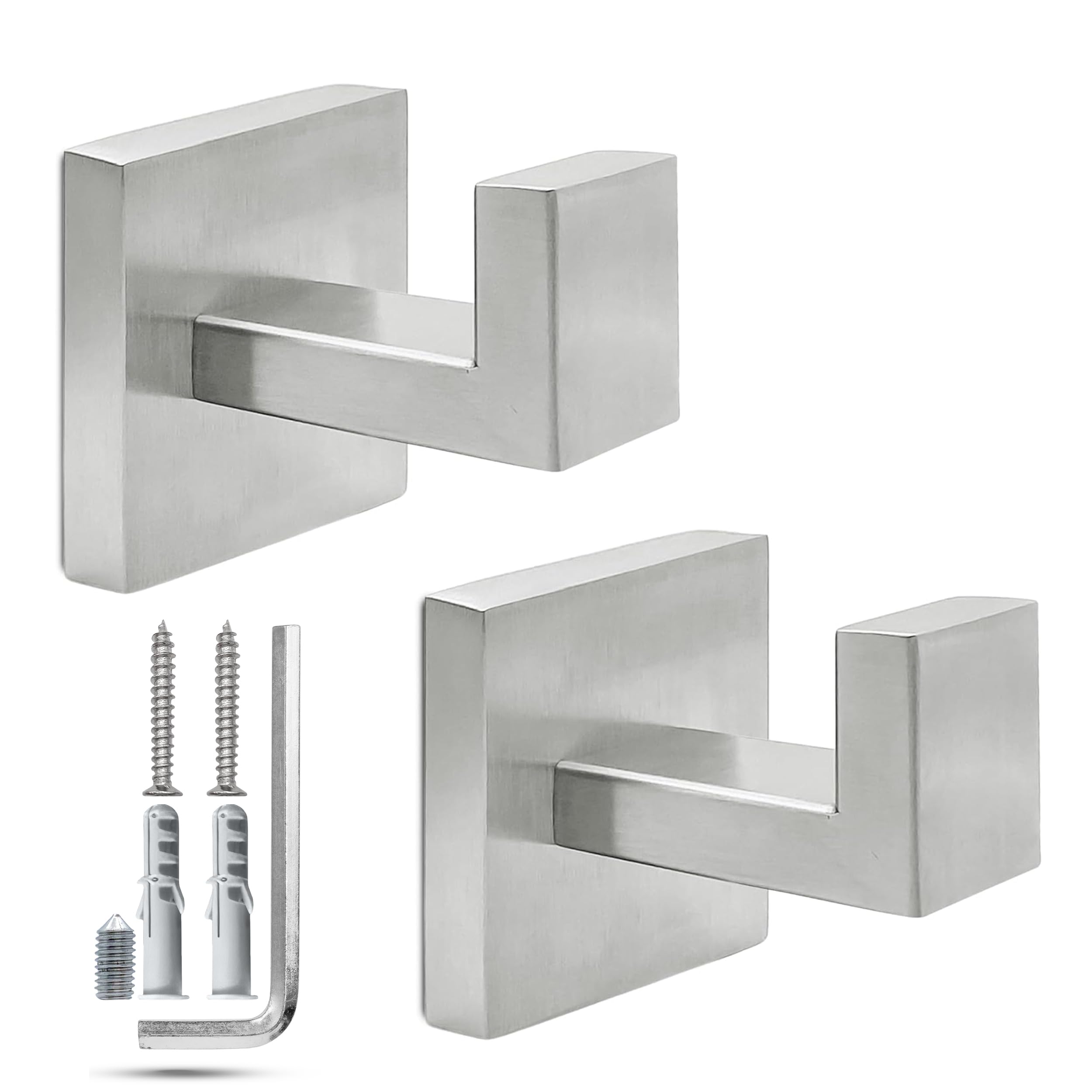 Luclxx Home Towel Hooks for Bathroom Wall Mounted - Brushed Nickel Towel Hook - Towel Hook - Towel Holder for Bathroom Wall - Robe Hooks - Bathroom Hooks for Towels - Square Hooks - 2 Pack