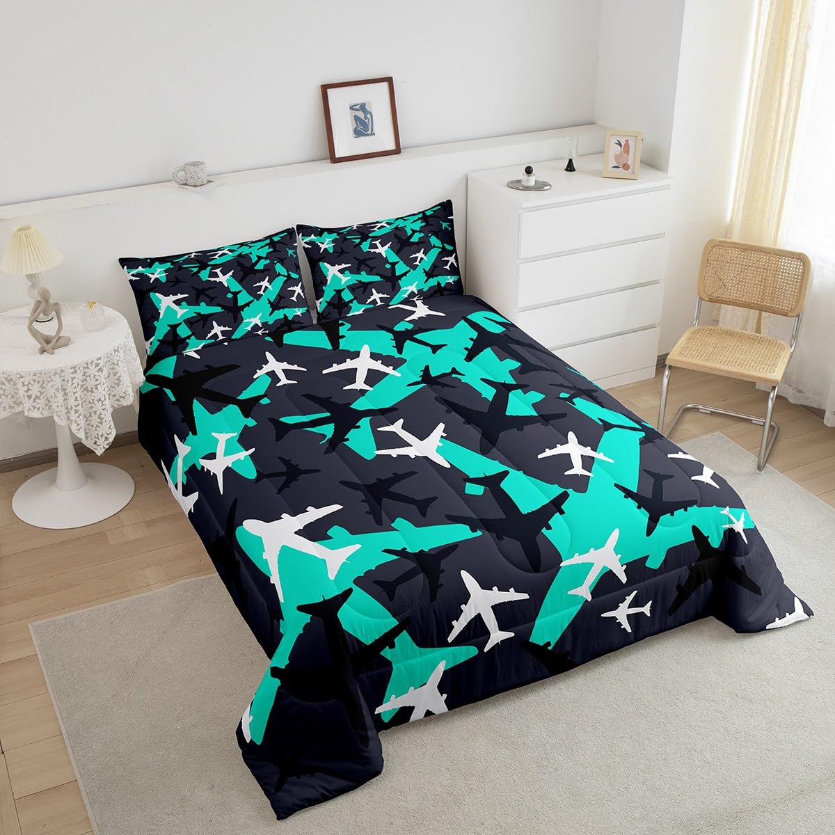 Homewish Cartoon Aircraft Comforter Set Queen Size Blue Green Airplane Bedding Set 3Pcs Army Camo Quilt Set for Kids Boys Teens Men Bedroom Decor Black White Camouflage Duvet Insert,2 Pillowcases