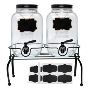 1-gallon drink dispenser,accguan glass water dispenser with black tin lid and black stainless steel faucet,black iron frame,mason drink dispenser for parties, picnics, barbecues and daily,2 pack