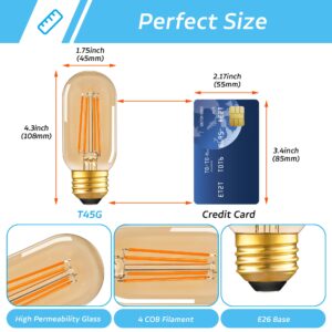 T45/T14 Dimmable E26 Led Tube Edison Light Bulb ,1W(10W Equivalent) ,AC120V Warm White 2200K 6W 600LM Amber Type T Light Bulbs for Piano Light Bulb,Curio Cabinet, Lamp,Celling Fan,Sconce,Pack of 2