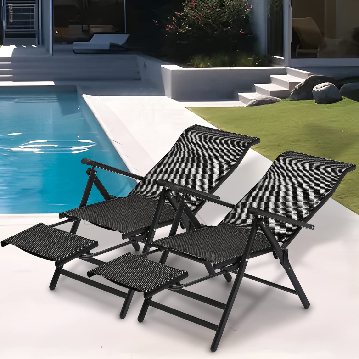 Set of 2 Patio Folding Sling Chair Reclinable Lounge Chaise Black