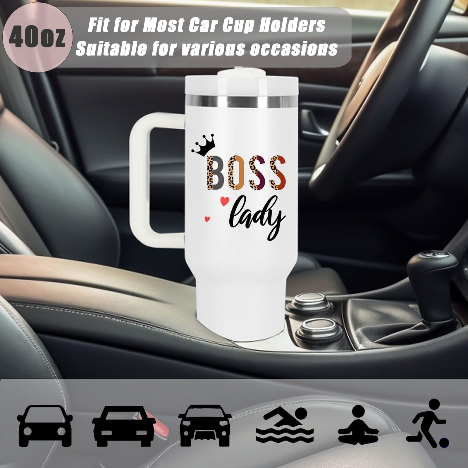 Boss Day Gift for Boss Lady, Boss Lady Nutrition Fact Gift for Boss Lady Manager Coworker Employer, 40 oz Boss Lady Tumbler with Handle, White