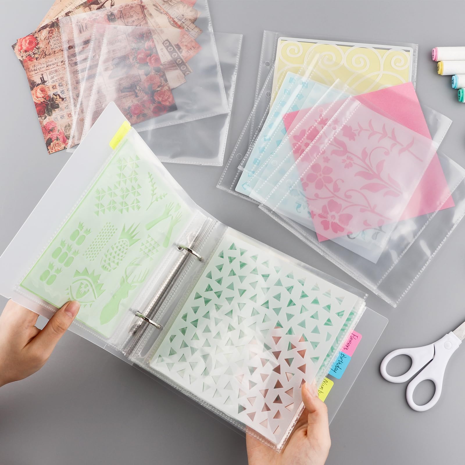 50 Pags 6" X6" Clear Plastic Binder Pockets,2 Holes 2 Pockets Per Page, can Fit More Stencils,Made Exclusively for Stencils,Die Cuts,Photos,Stamps Within Size 6x6" Storage Bills Organizer