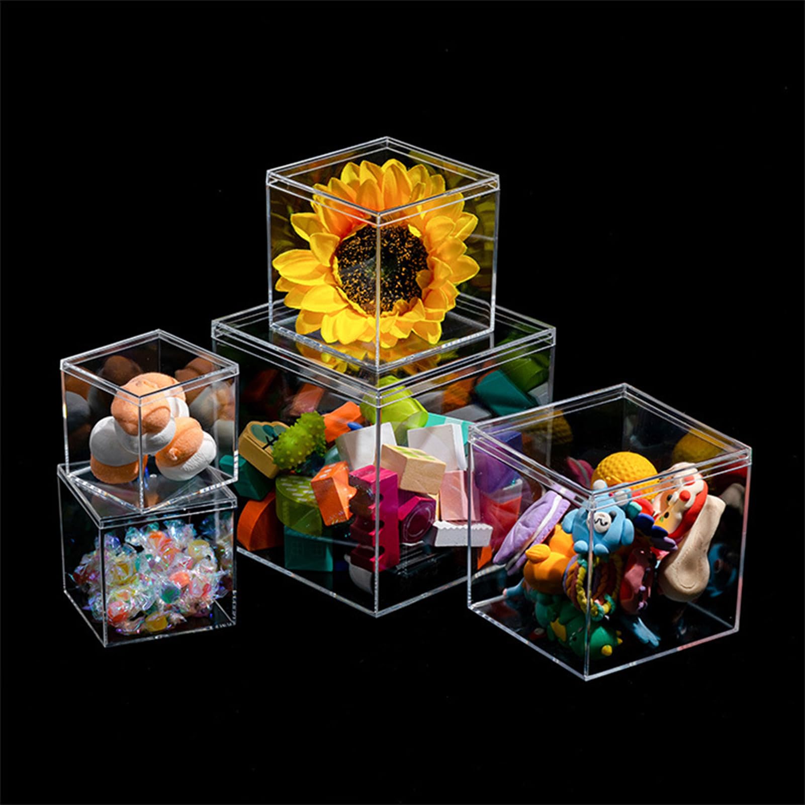 4.7/4/3.3/3/2.5 inch Clear Acrylic Box with Lid, Jewelry Display Box, Plastic Square Cube Decorative Storage Boxes for Candy Pill and Tiny Jewelry, Artwork Display