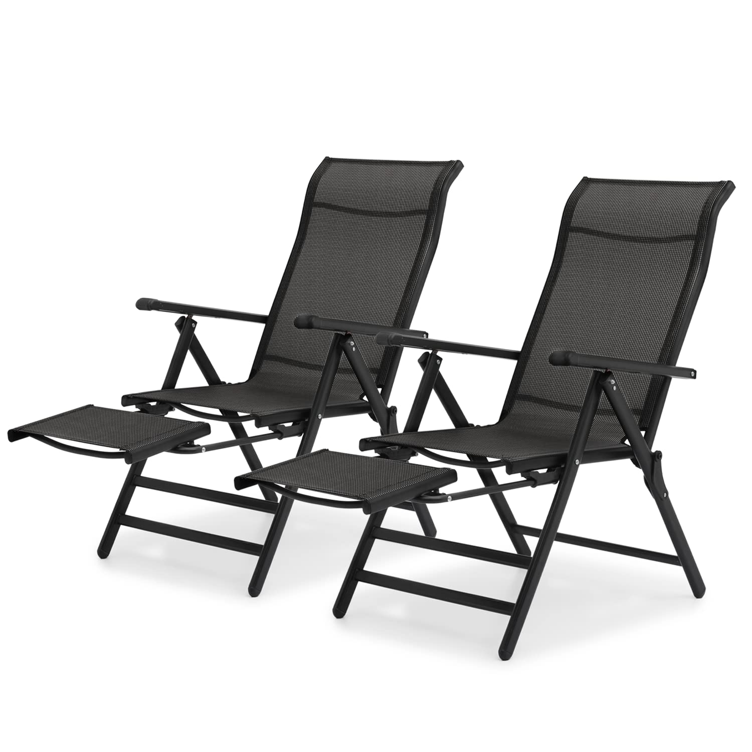 Set of 2 Patio Folding Sling Chair Reclinable Lounge Chaise Black