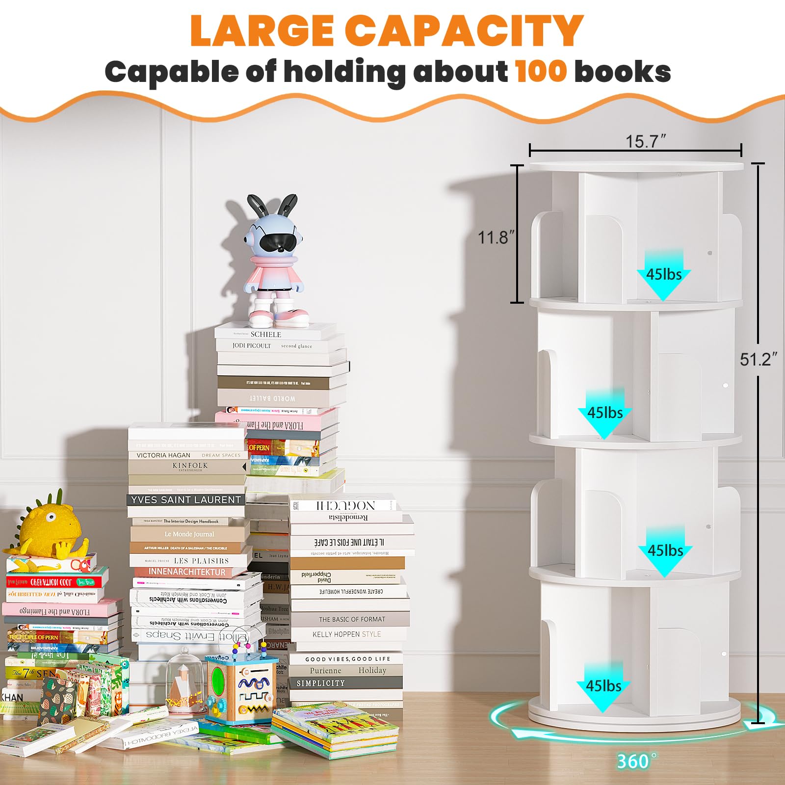 Besiost Rotating Bookshelf, Wood Corner Bookshelf, 360 Display Spinning Bookcase Storage Rack, 4 Tier Floor Standing Revolving Bookcase Narrow Book Shelf Organizer for Small Space, Bedroom, White