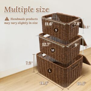 WeeNest Baskets with Lids, Wicker Storage Baskets with Lids, Shelf Baskets for Organizing, Baskets with Lids for Organizing, Wicker Decorative Basket, Resin Wicker Set of 3, Toffee