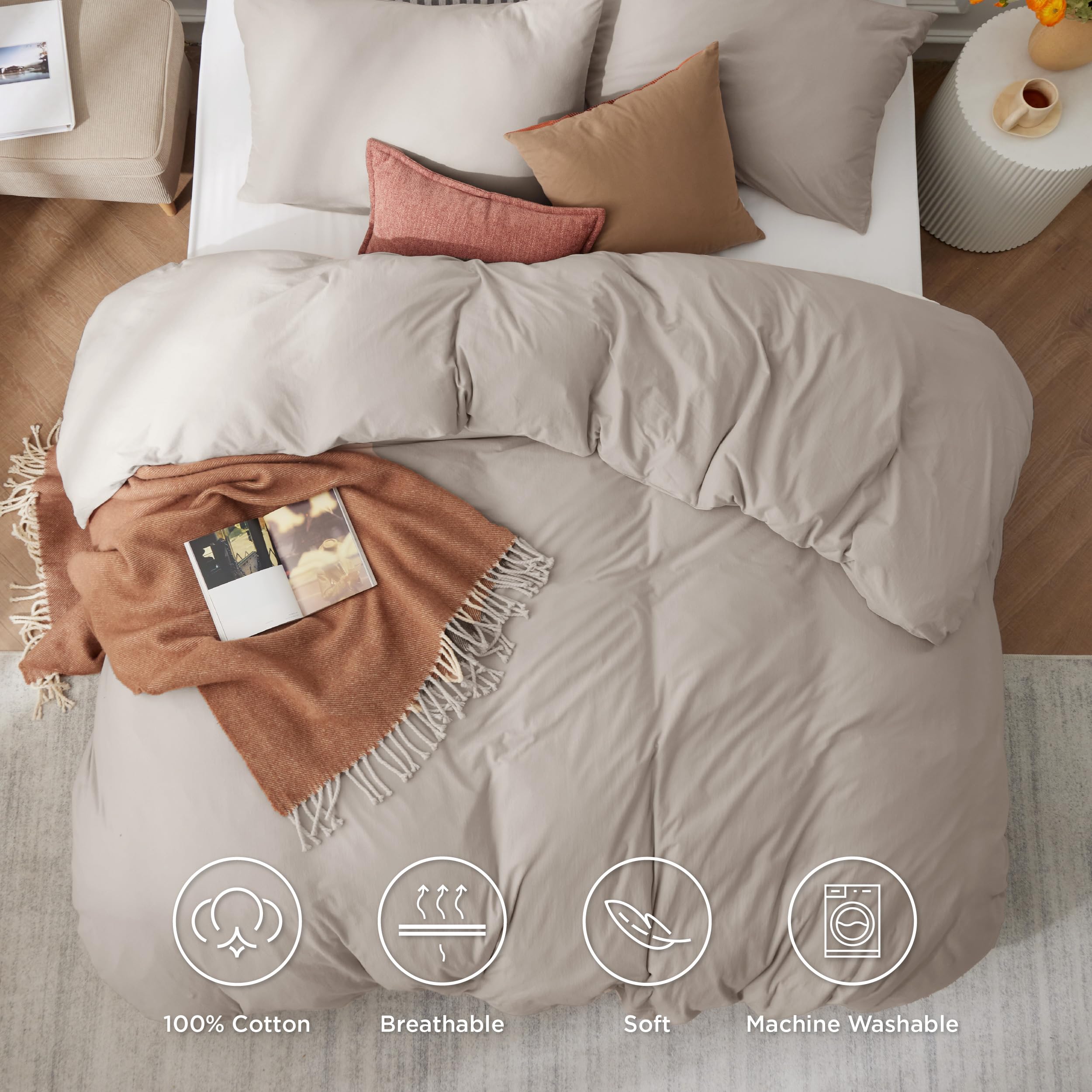 Bedsure Queen Prewashed Microfiber Duvet Cover Set + Tannish Linen 100% Jersey Knit Cotton Duvet Cover Set, Zipper Closure, Queen Size