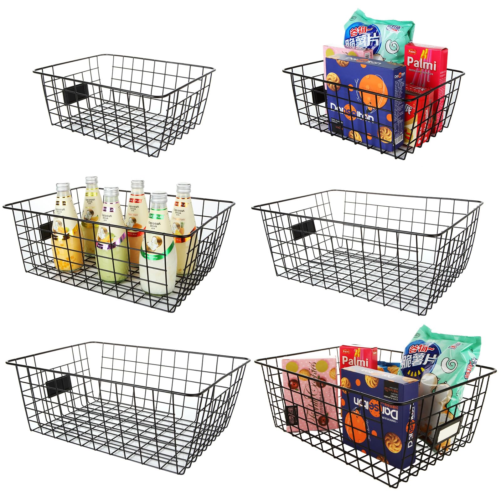 6 Pack Deep Freezer Organizer Bins Stackable Wire Basket for Organizing Black Metal Wire Storage Baskets for Pantry, Freezer baskets for Chest Freezer, Upright Freezer (2 Small, 2 Medium, 2 Large)