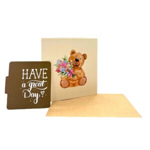 Niumcraft Pop Up Greeting Card Teddy Bear Hold Bouquet Flower Card Cartoon Animals Flower Birthday Thank You Card for Kid Mom Dad Family Friend Gift