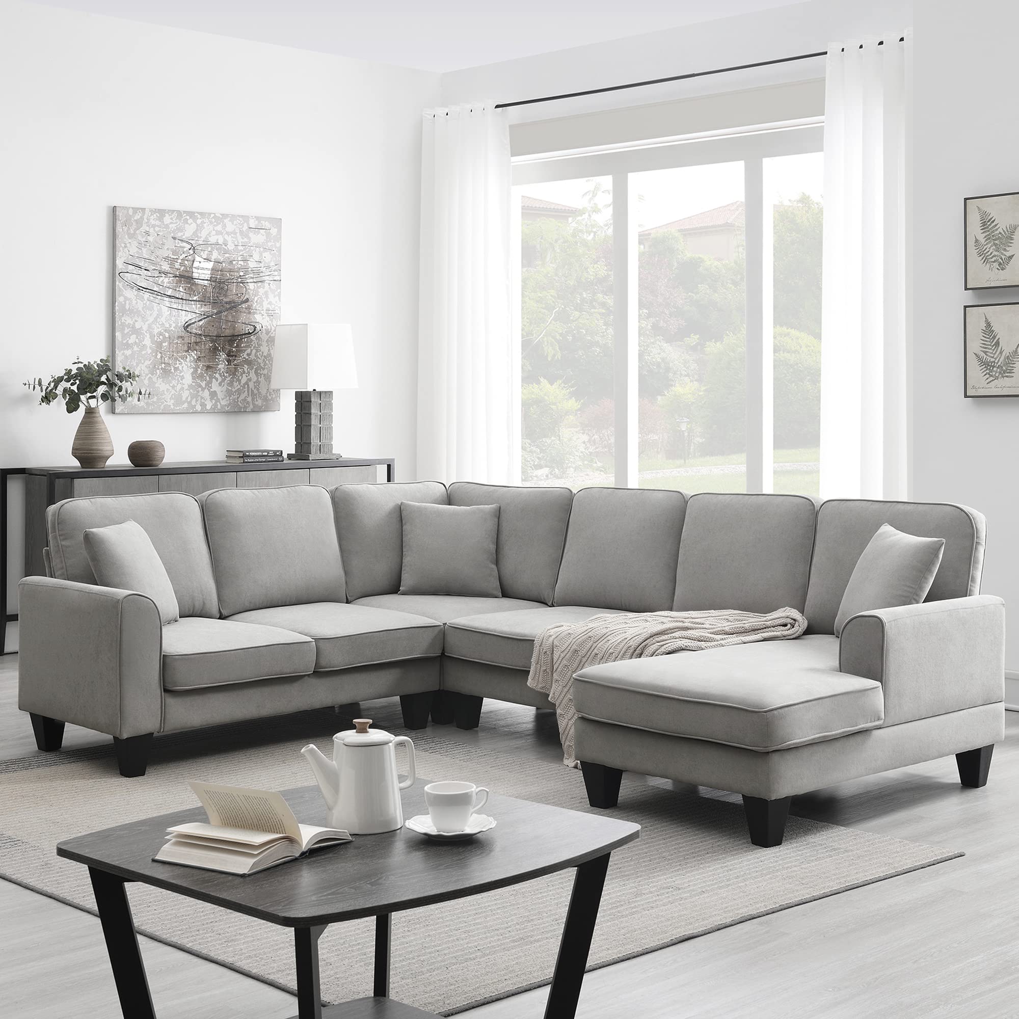 U Shape Sectional Sofa, 7-Seat Fabric Sectional Sofa Set with 3 Pillows,Fabric Corner Couch with Backrest and Armrest for Living Room, Apartment, Office (Light Grey)