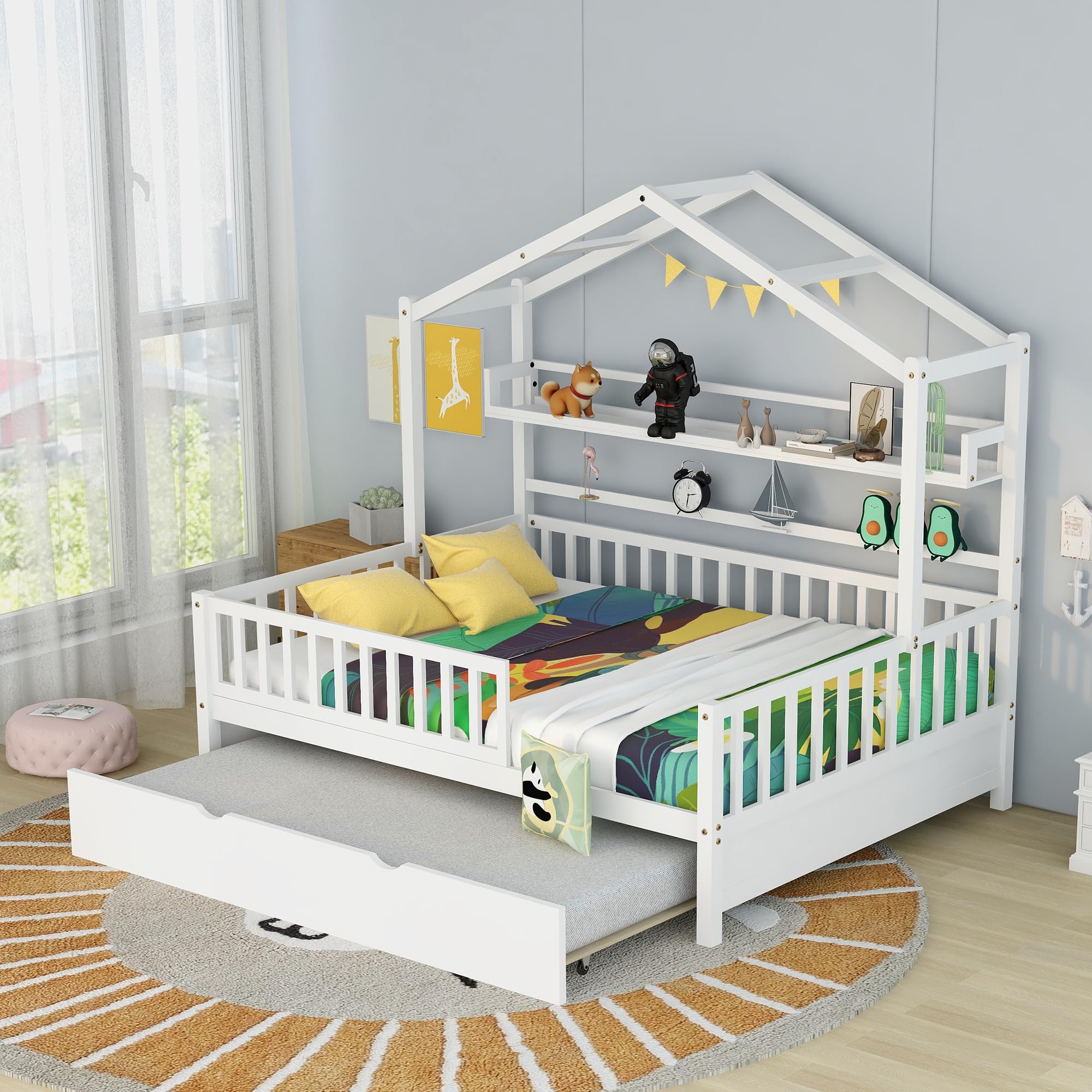 Bellemave Wooden Full Size House Bed with Trundle,Kids Full Playhouse Platform Bed Frame with Storage Shelves,Montessori Be for Kids Teens Girls & Boys (White)