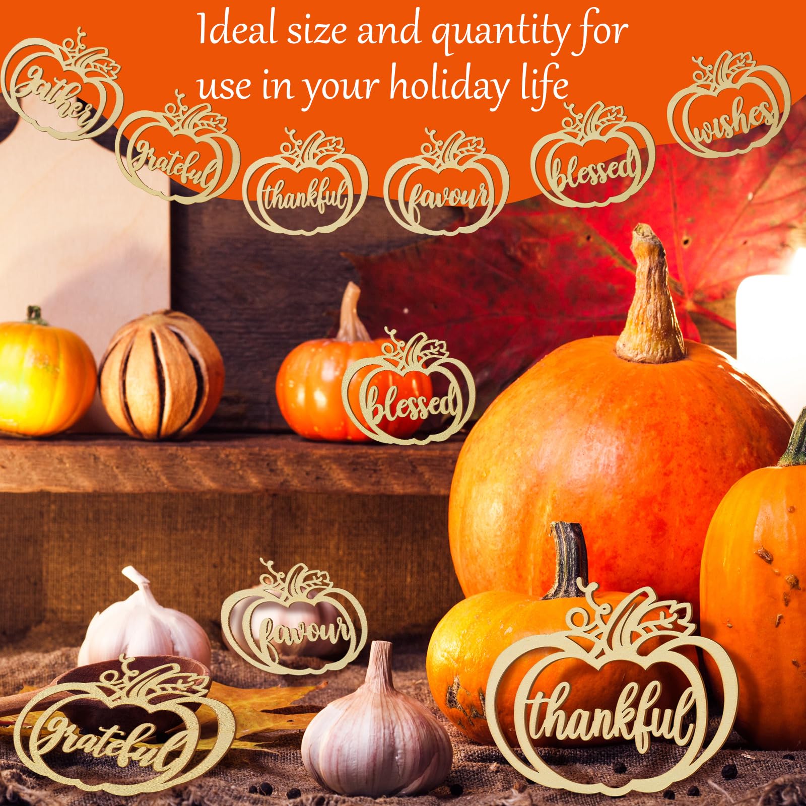 Qunclay 12 Pcs Thanksgiving Plate Decor Pumpkin Wood Cutouts Fall Thankful Blessed Thanksgiving Table Decor Fall Word Plate Sign Place Cards Settings for Autumn Rustic Letter Decorations