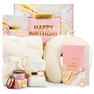 birthday gift basket for women - happy birthday gift basket for her w/memory foam pillow, blanket, candle, socks, journal, and card - curated birthday gift set and happy birthday gift box for women