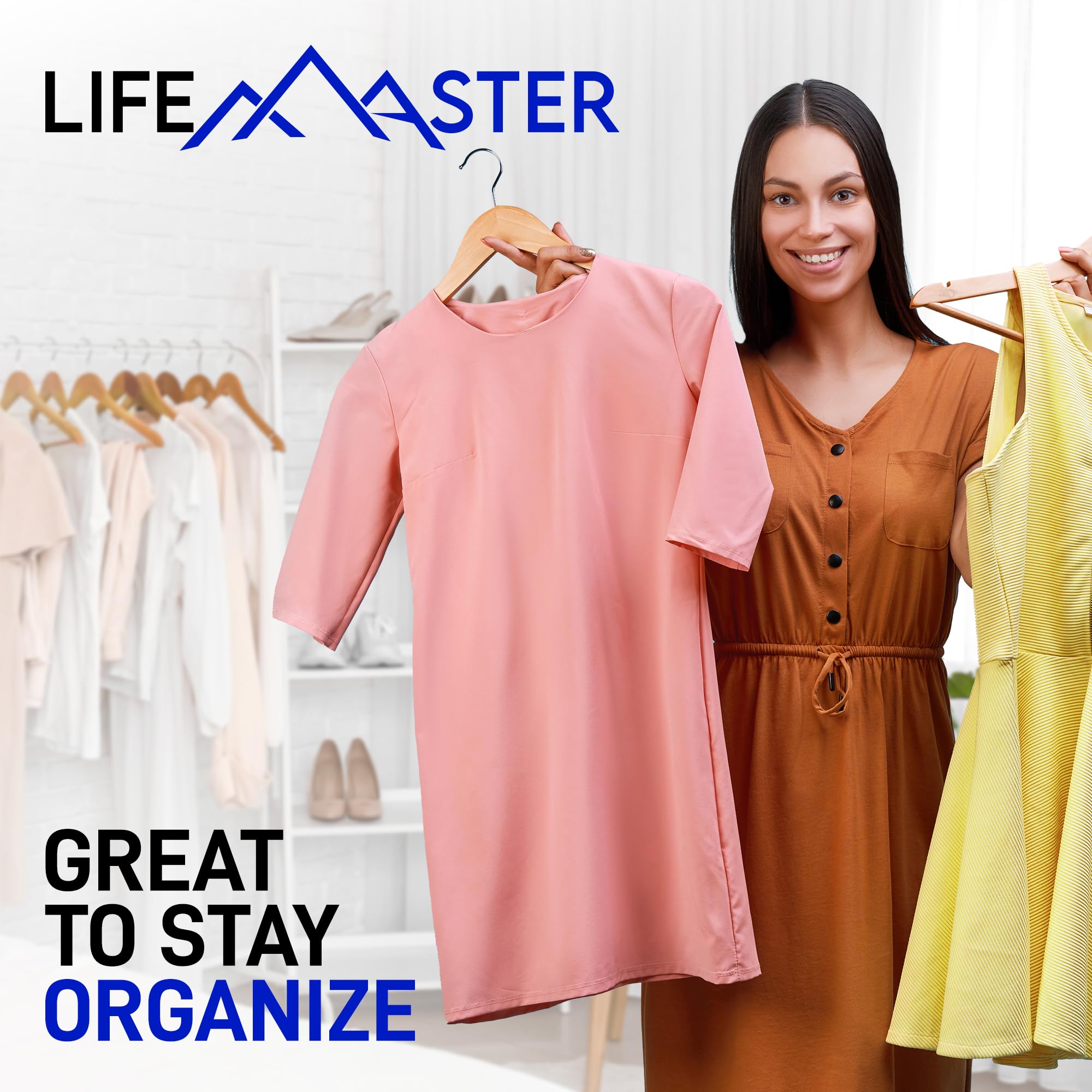 Lifemaster Wooden Hanger Set - 80 Pieces Non-Slip Versatile Closet Space-Saving Hanger Set for Suit, Coat, Camisole, Jacket, Pants, and Dresses with Rotating Swivel Hook - Natural Wood