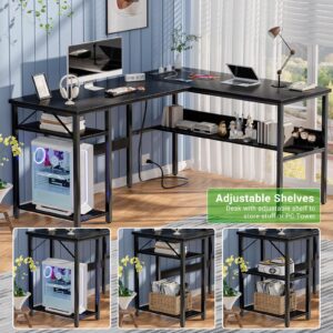 Unikito Reversible L Shaped Desk with Magic Power Outlets and USB Charging Ports, Sturdy Corner Computer Desk with Storage Shelves, Gaming Table Home Office Desk, Easy to Assemble, Black