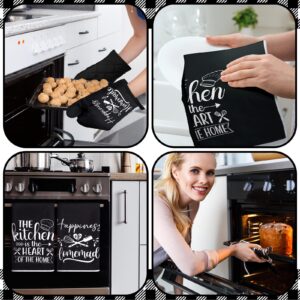 Sratte 6 Pcs Farmhouse Kitchen Towels Pot Holders Oven Mitts Set 2 Dish Towels 2 Potholders 2 Cooking Mittens Oven Glove for Baking Cooking Grilling Supply (Black)