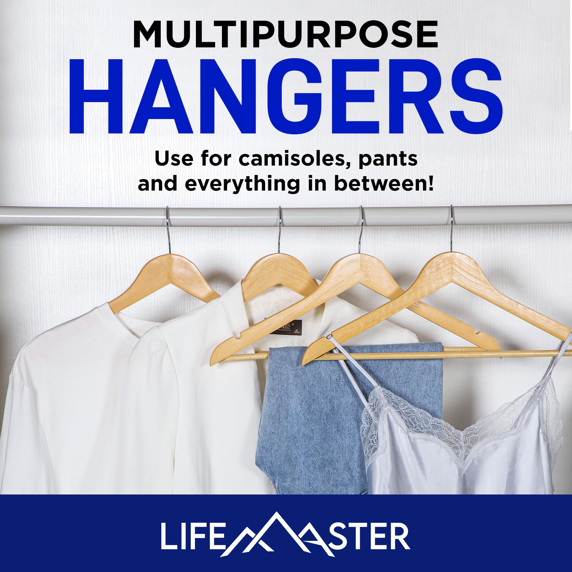 Lifemaster Wooden Hanger Set - 80 Pieces Non-Slip Versatile Closet Space-Saving Hanger Set for Suit, Coat, Camisole, Jacket, Pants, and Dresses with Rotating Swivel Hook - Natural Wood