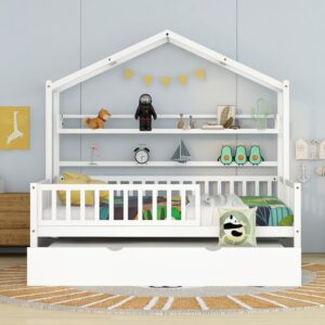 Bellemave Wooden Full Size House Bed with Trundle,Kids Full Playhouse Platform Bed Frame with Storage Shelves,Montessori Be for Kids Teens Girls & Boys (White)