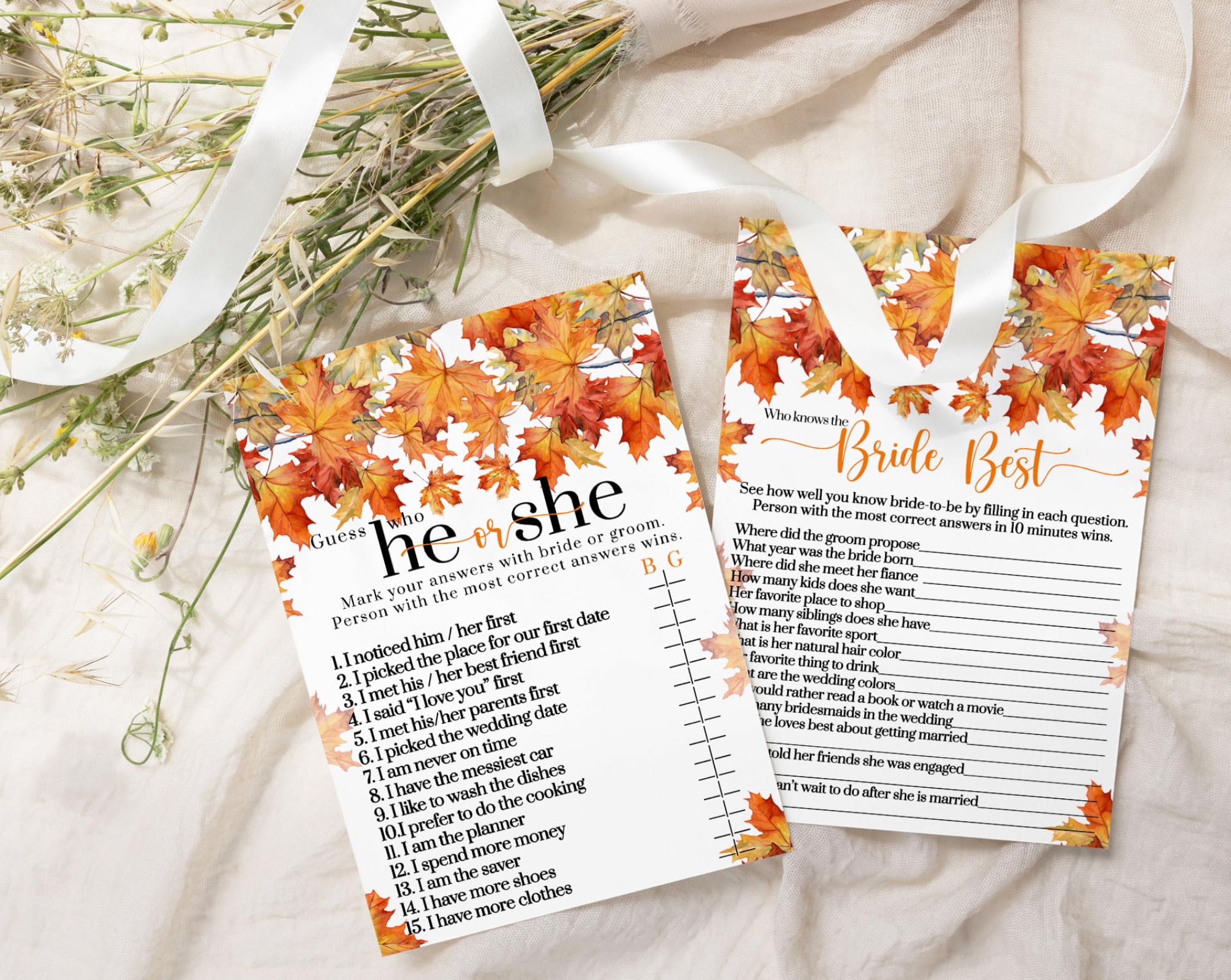 Fall in Love Bridal Shower Games – 25 Pack, He Said She Said & Bride Best, Fun Wedding Reception Activities, Couples Engagement Party, Boho Decor, Double-Sided Cards