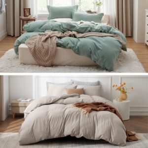 bedsure sage green king prewashed microfiber duvet cover set + tannish linen 100% jersey knit cotton duvet cover set, zipper closure, king size