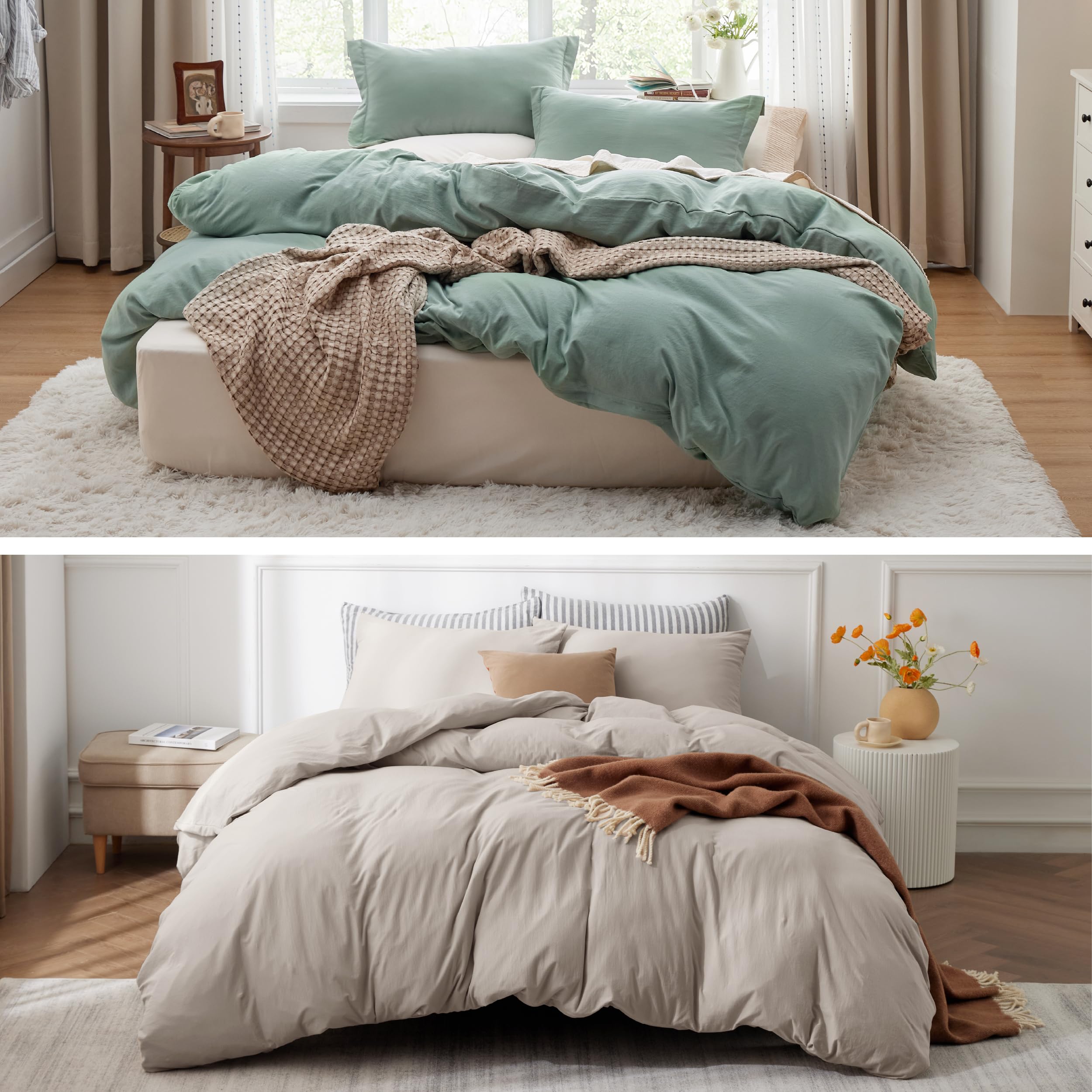 Bedsure Sage Green King Prewashed Microfiber Duvet Cover Set + Tannish Linen 100% Jersey Knit Cotton Duvet Cover Set, Zipper Closure, King Size