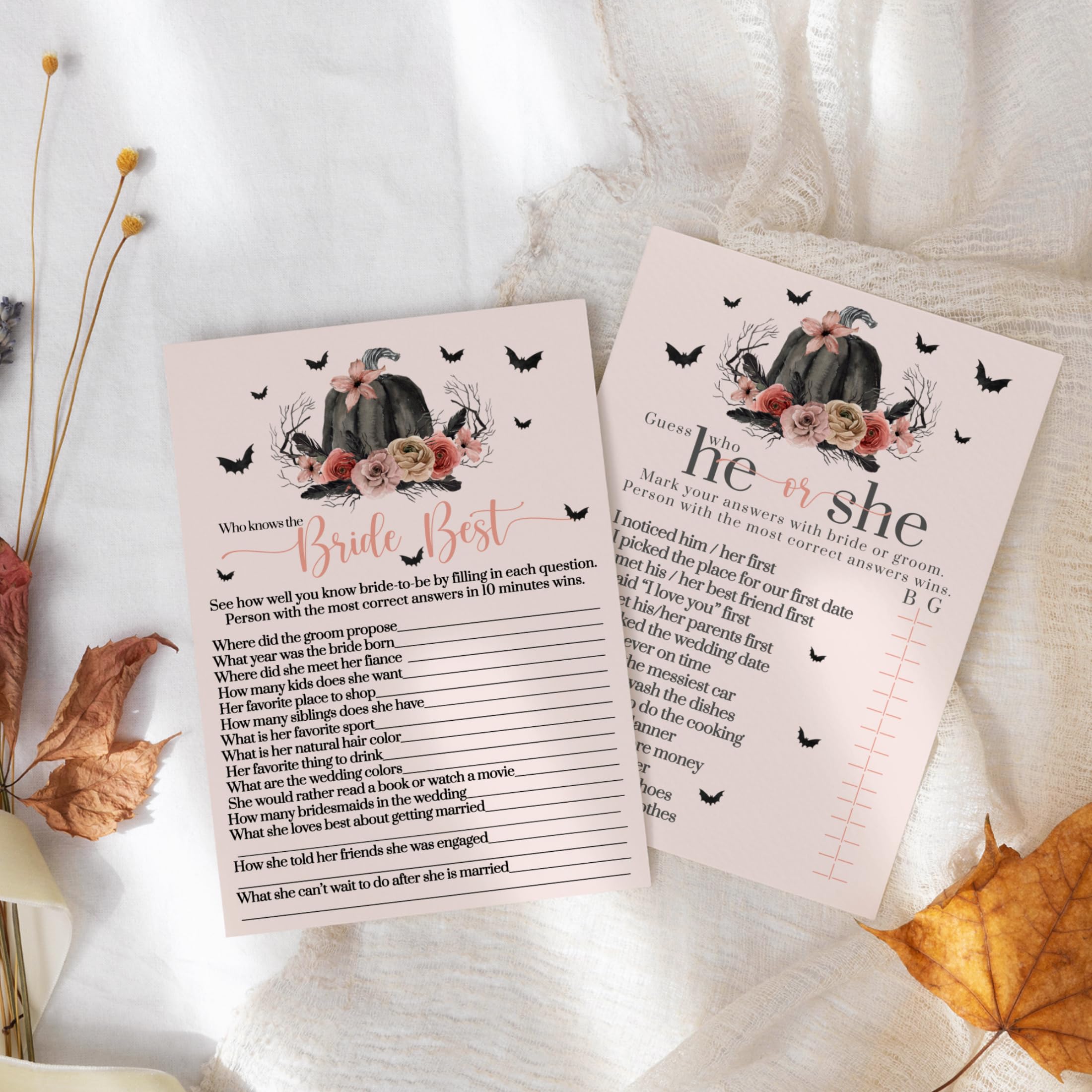 Gothic Pumpkin Bridal Shower Game Bundle - He Said or She Said & Bride Best - Halloween Wedding Guest Activity - Spooky Party Decor - Double-Sided Cards - Pink & Black - 25 Pack