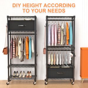 VyGrow Clothes Rack, Clothing Rack for Hanging Clothes, Kids Clothes Rack, 4 Tiers Adjustable Closet Organizer with Drawer | Double Rods | Side Hooks | Load 445lbs | 23" L x 13.18" W x 78.74" H