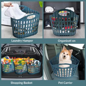 YARWAYER 2 Pack Laundry Hampers, Collapsible Plastic Laundry Basket, Shopping Bag with Carry Handle, Foldable Washing Bin Kitchen Storage for Bathroom, Camping, Supermarket and Car Trunk, Blue