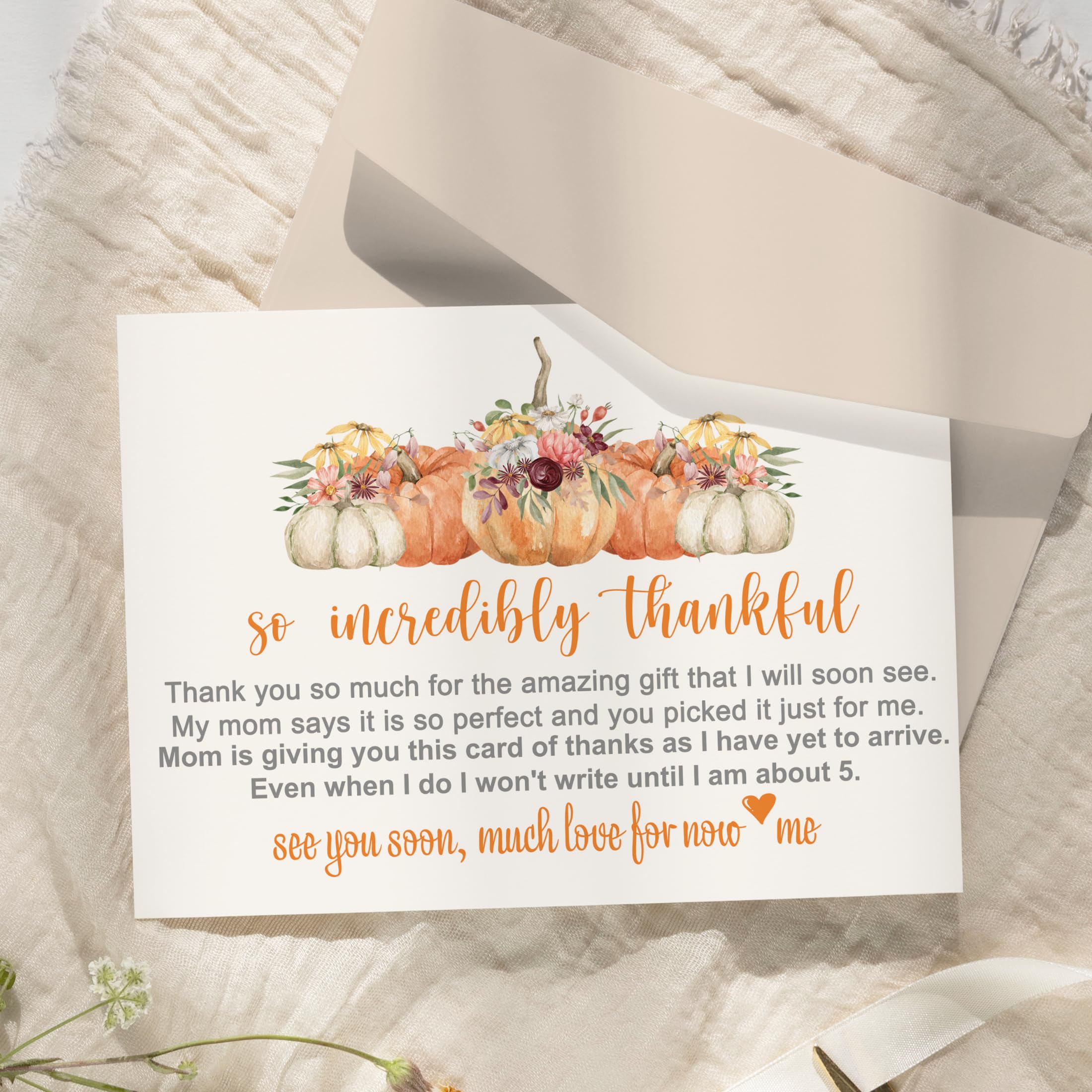 Paper Clever Party Rustic Pumpkin Baby Shower Thank You Cards with Envelopes Girls or Boys Prewritten Note with Personalized Message, 4x6, 25 Pack