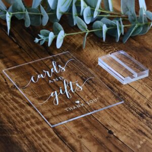 Cards and Gifts Sign for Wedding- 5x 7 Inch Clear Acrylic Wedding Sign with Acrylic Stand, Cursive Font Cards & Gifts Sign for Reception, Wedding & Party Event