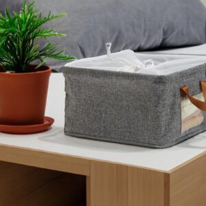 3pc 10 Liters Linen Storage Baskets with Dust-proof Opening & Handles & Visible Window, Foldable Small Fabric Bins Decorative Basket Organizer Boxes for Organizing Dresser Shelves