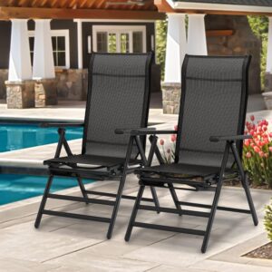 Set of 2 Patio Folding Sling Chair Reclinable Lounge Chaise Black