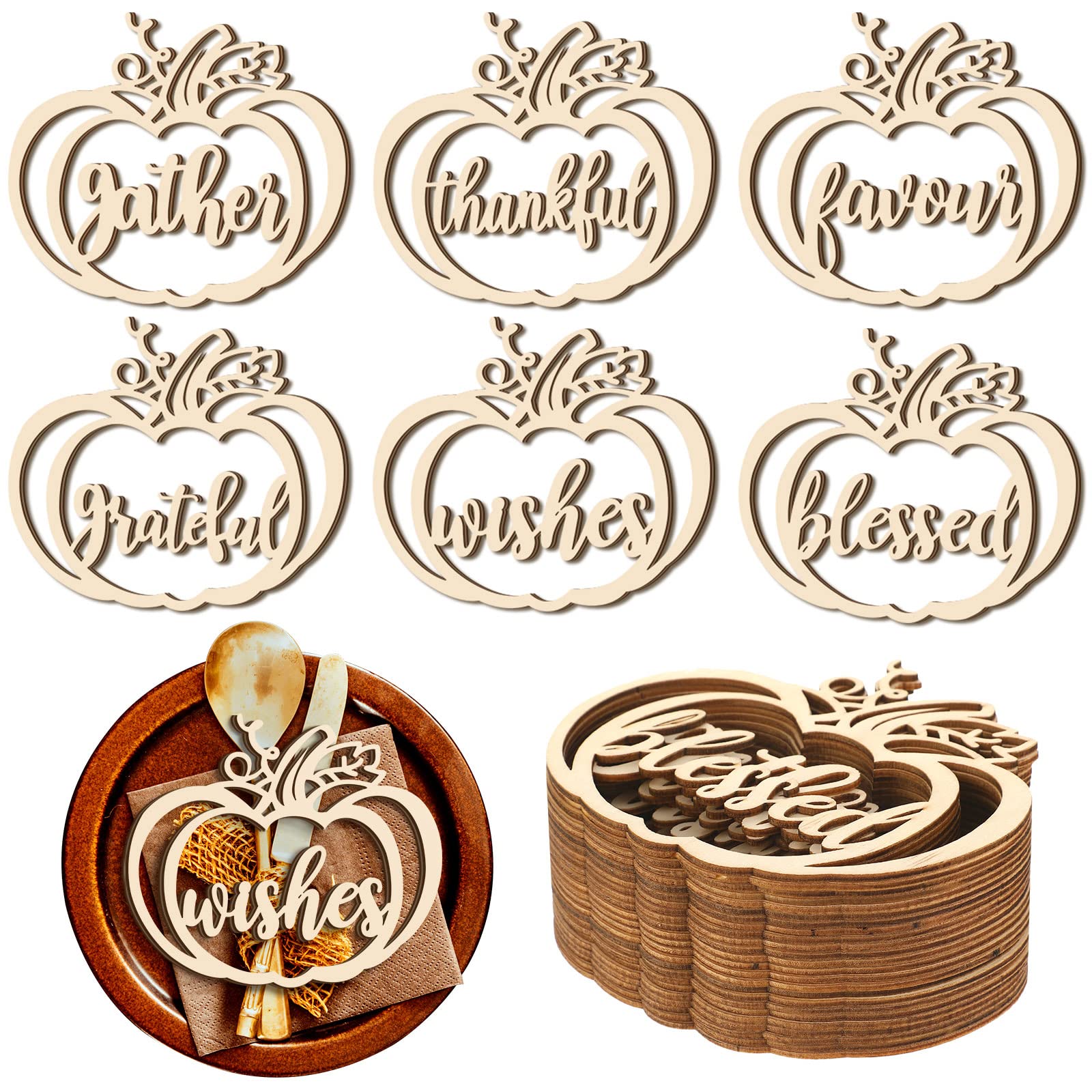 Qunclay 12 Pcs Thanksgiving Plate Decor Pumpkin Wood Cutouts Fall Thankful Blessed Thanksgiving Table Decor Fall Word Plate Sign Place Cards Settings for Autumn Rustic Letter Decorations