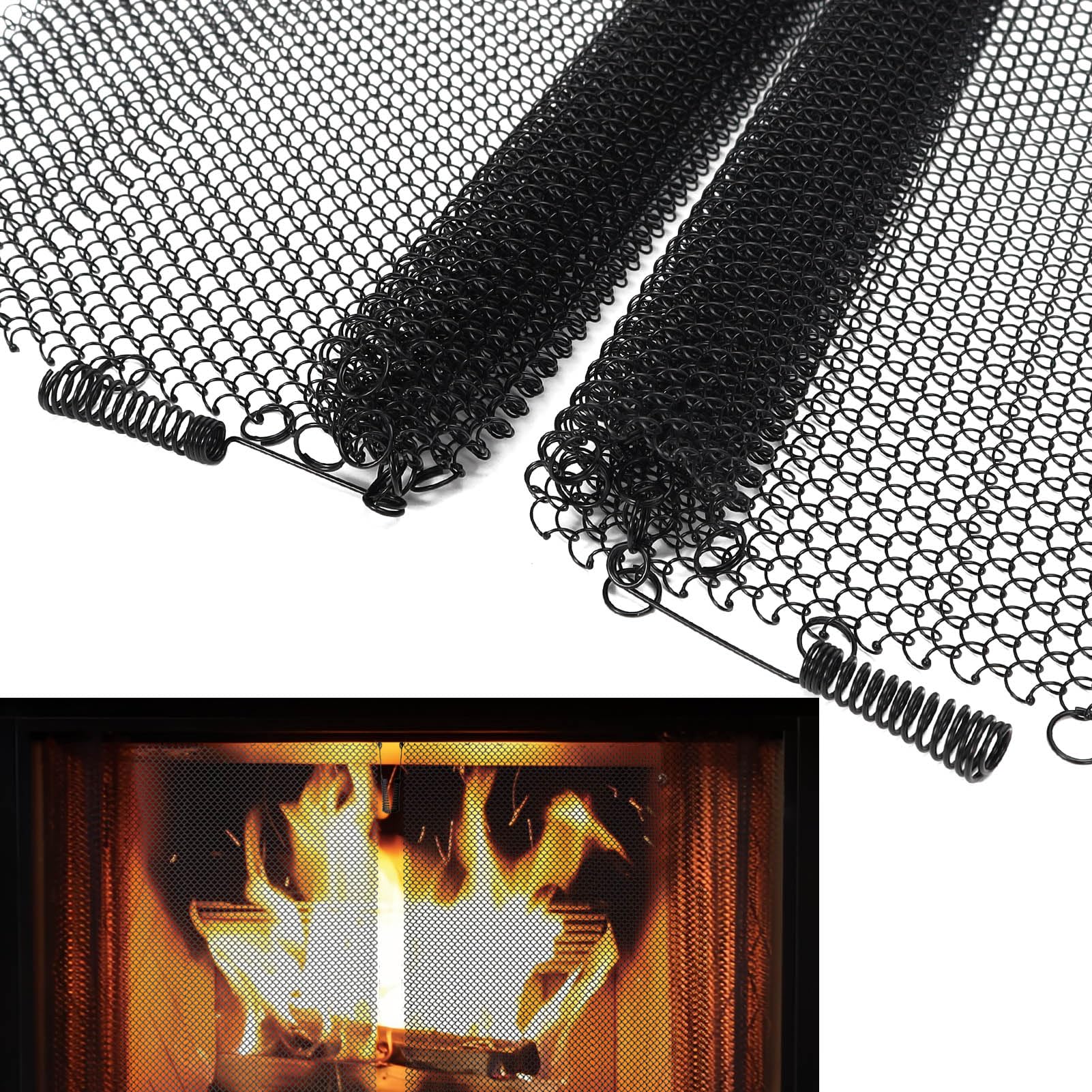 2 Pack Fireplace Mesh Screen Curtain,22”x24” Spark Guard Chain for Hearth,Metal Fireplace Replacement Black Hanging Mesh Curtain Screens for Home Wood Burning Fireplace