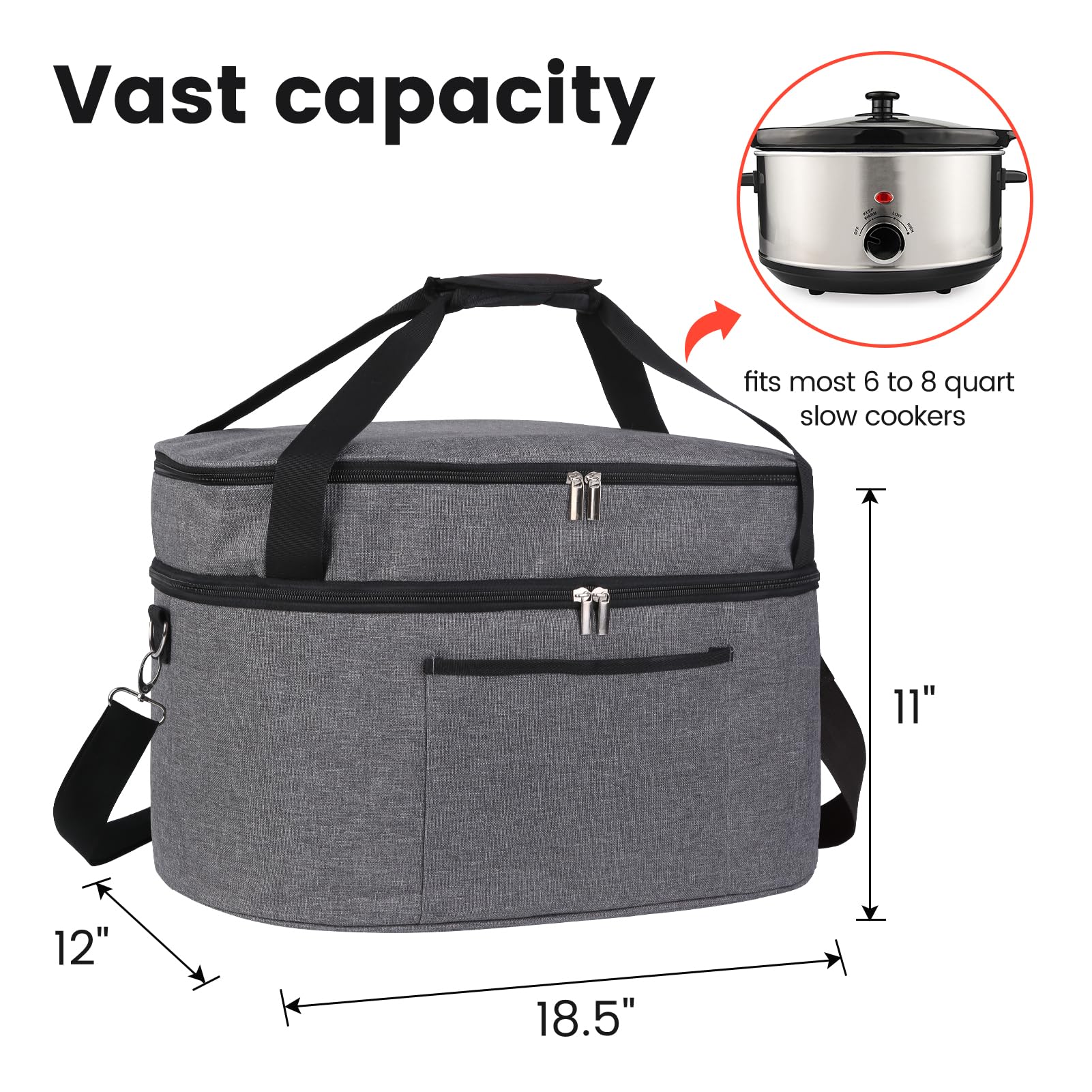 MUSBUS 2 Layer Slow cooker bag for Crock-Pot 6-8 quart, Travel reunionc outdoor, Easy to transport Insulation water proof easy cleaning to carry, Family Gathering Potluck, Gift for Women - Grey