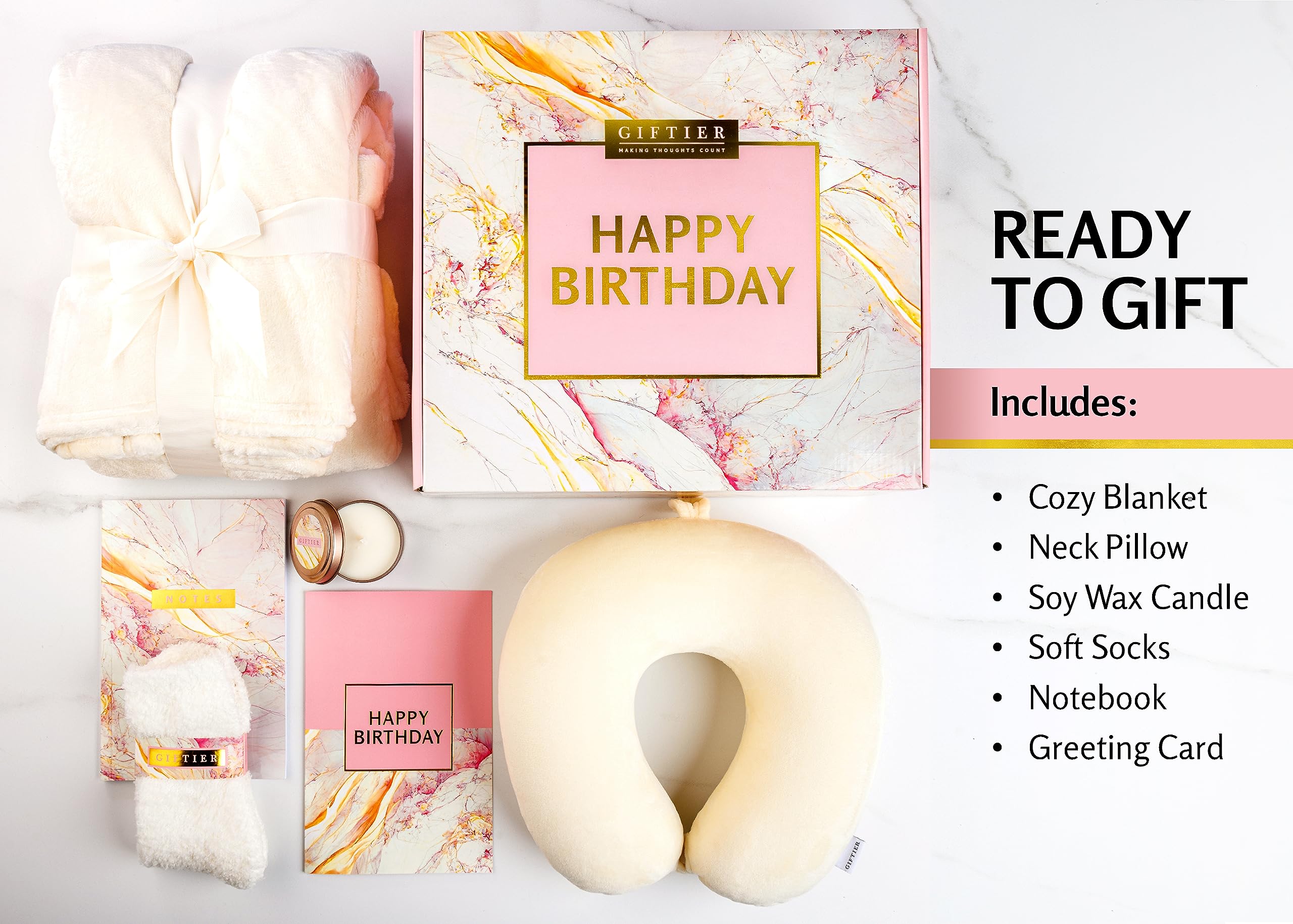 Birthday Gift Basket for Women - Happy Birthday Gift Basket For Her w/Memory Foam Pillow, Blanket, Candle, Socks, Journal, and Card - Curated Birthday Gift Set and Happy Birthday Gift Box for Women