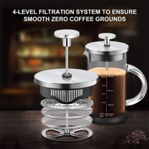 French Press Coffee Maker 12 Ounce Espresso Tea Coffee Maker with 4 Filters System, Stainless Steel Plunger and Heat Resistant Borosilicate Glass BPA-Free Brewed Tea Pot Coffee Plunger(Silvery 12oz)