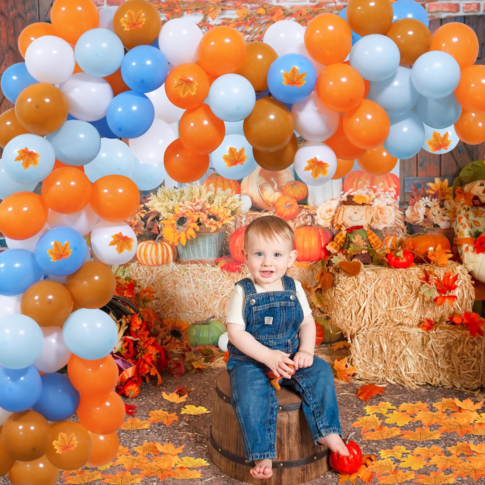 Blue Little Pumpkin Balloon Arch Garland Kit, Fall Balloons Garland with Pumpkin Maple Leaf for Boy Little Pumpkin Baby Shower Fall Birthday Thanksgiving Party Decorations