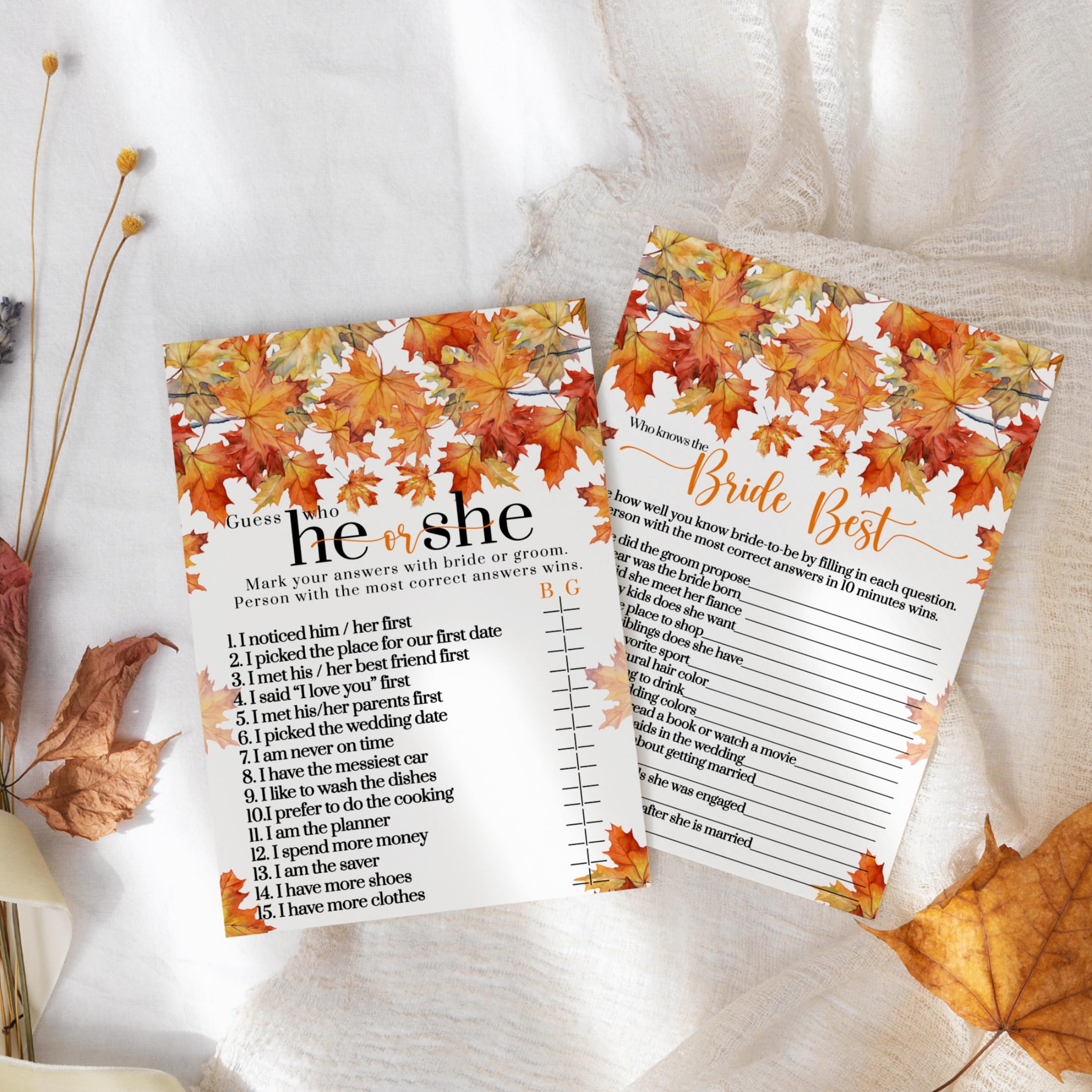 Fall in Love Bridal Shower Games – 25 Pack, He Said She Said & Bride Best, Fun Wedding Reception Activities, Couples Engagement Party, Boho Decor, Double-Sided Cards