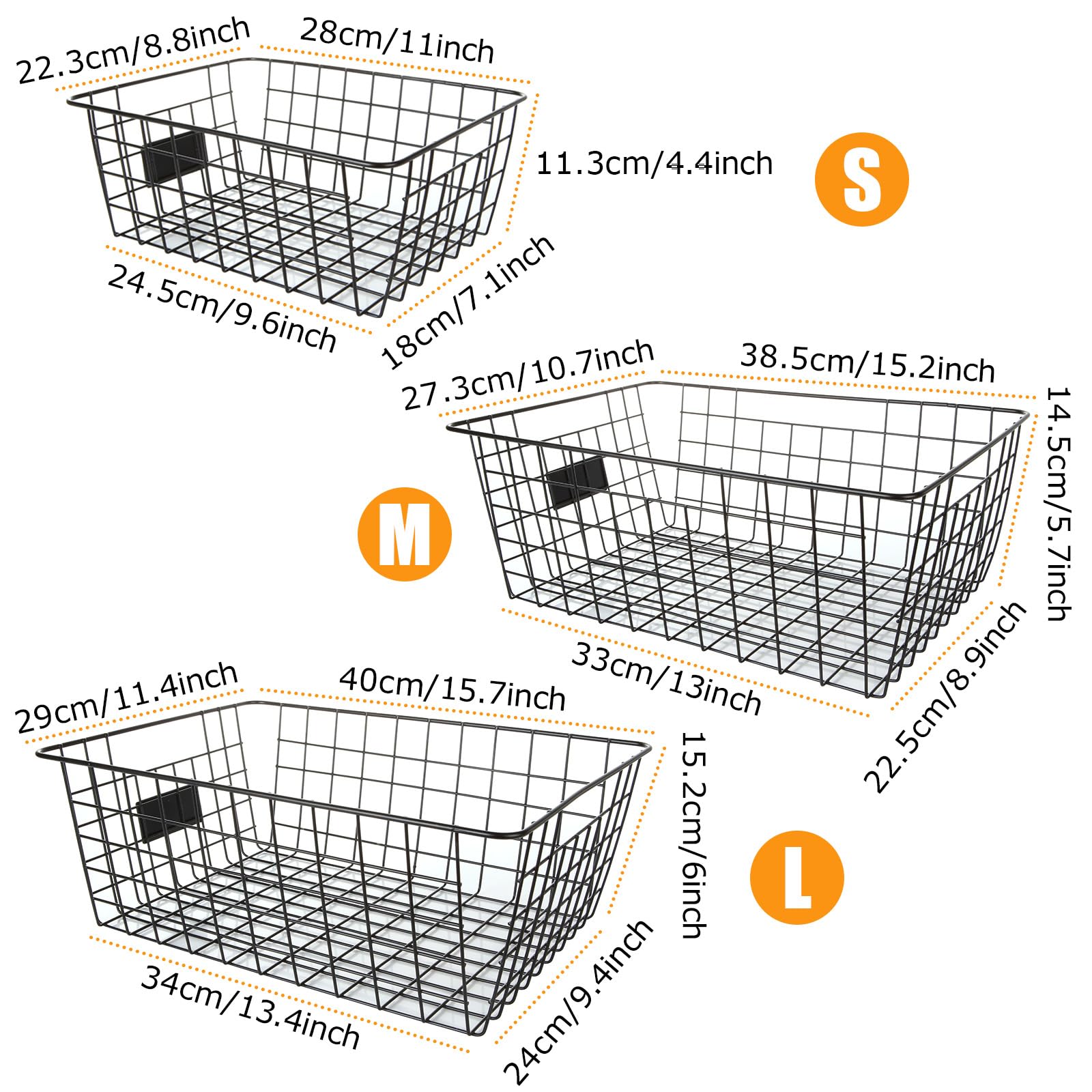 6 Pack Deep Freezer Organizer Bins Stackable Wire Basket for Organizing Black Metal Wire Storage Baskets for Pantry, Freezer baskets for Chest Freezer, Upright Freezer (2 Small, 2 Medium, 2 Large)