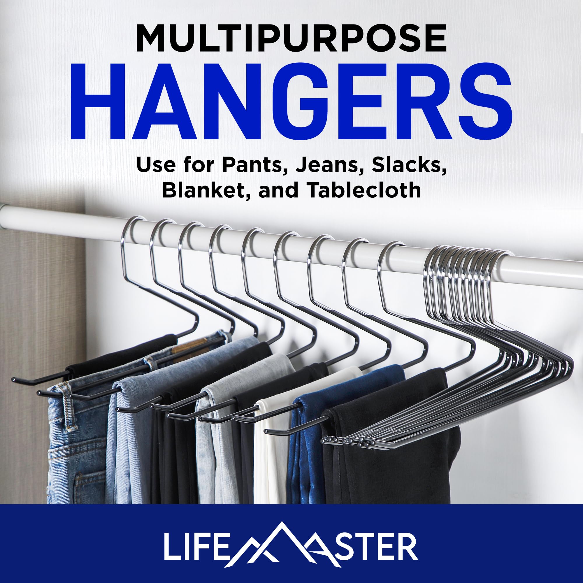 Lifemaster Metal Pants Hanger Set - 20 Pieces Elegant Non-Slip Closet Space Saving Hanger Set for Pants, Trouser, Blankets, and Jeans with Rubber Coating and Open Ended Sleek Design - Black