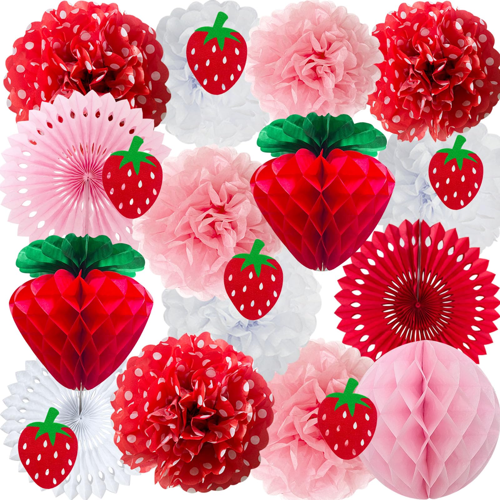 ANSOMO Strawberry Party Decorations Red Pink White Tissue Pom Poms Fans Honeycom Balls Lanterns Garland Classroom Berry Sweet Fruits 1st One Birthday Bridal Baby Shower Décor Supplies Girls