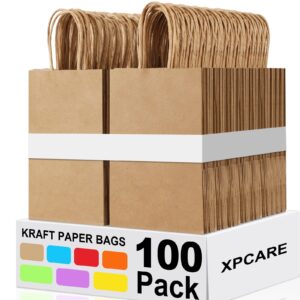 xpcare 100pcs paper gift bags 5.25x3.25x8.25'', small paper bags with handles bulk, shopping bags, kraft bags, retail bags, party bags brown(brown)