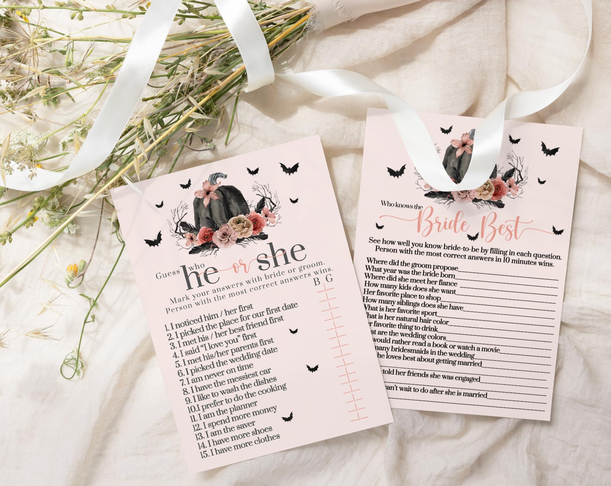 Gothic Pumpkin Bridal Shower Game Bundle - He Said or She Said & Bride Best - Halloween Wedding Guest Activity - Spooky Party Decor - Double-Sided Cards - Pink & Black - 25 Pack