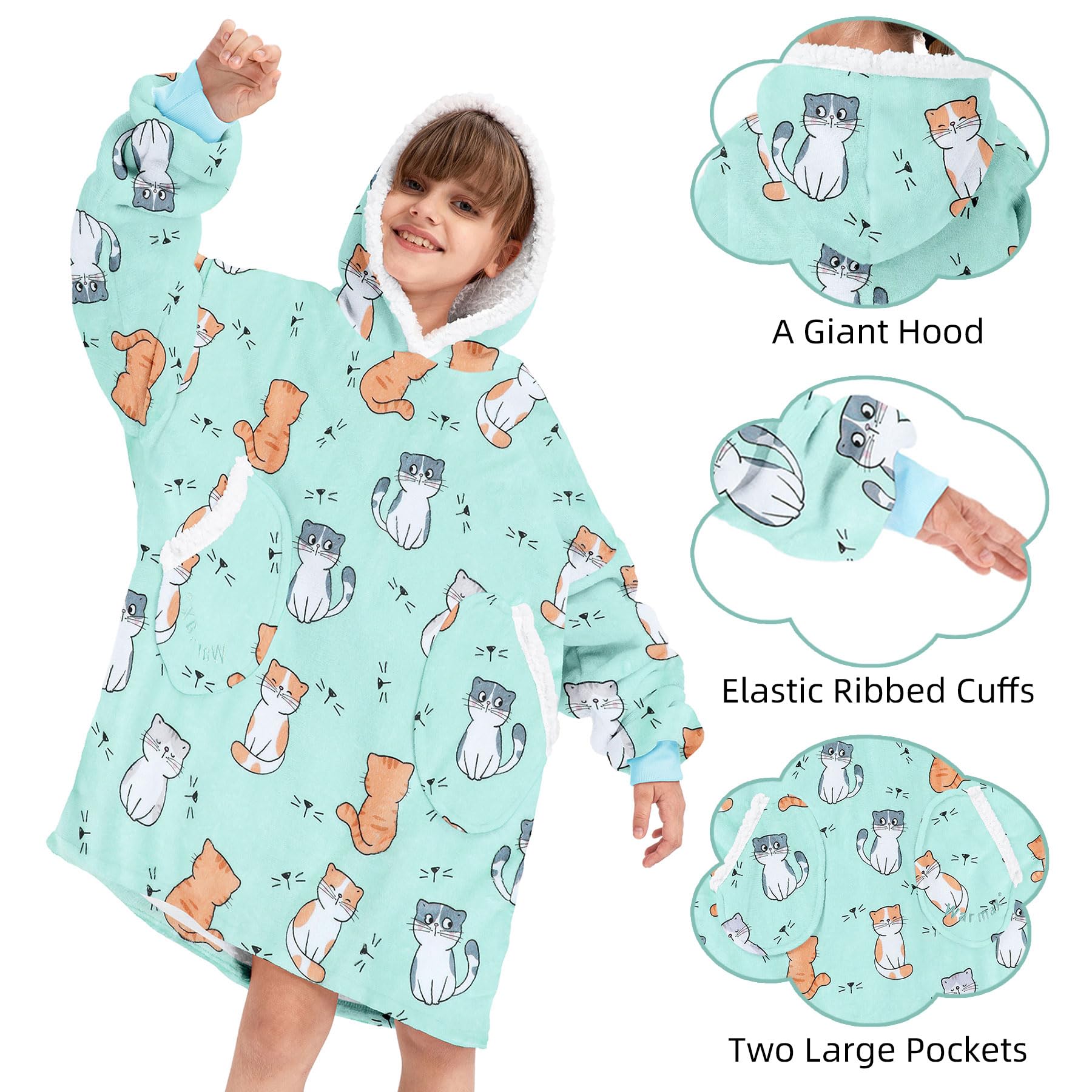 Zando Blanket Hoodie for Kids Cat Blanket Hoodie Wearable Blanket Kids Oversized Blanket Hoodie Sweatshirt Blanket Comfy Blanket Hoodie Kids Cozy Warm Sherpa Blanket with Pocket Cute Gifts for Girls